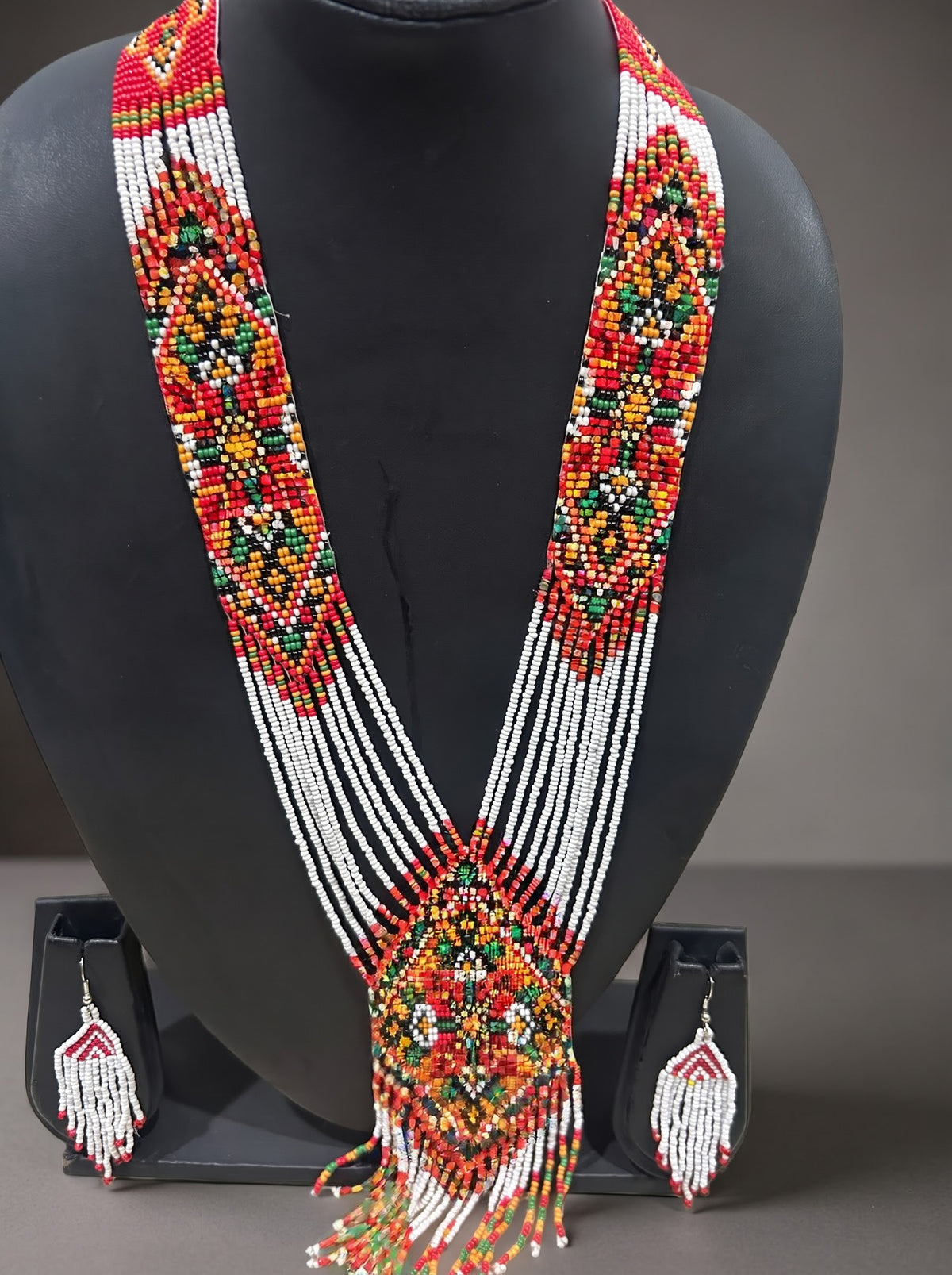 White and Multi-Color Hand Beaded Long Necklace Set