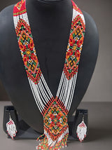 White and Multi-Color Hand Beaded Long Necklace Set