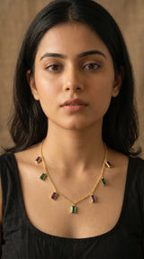 Gold-Toned Emerald and Lavender Crystal Dangle Necklace