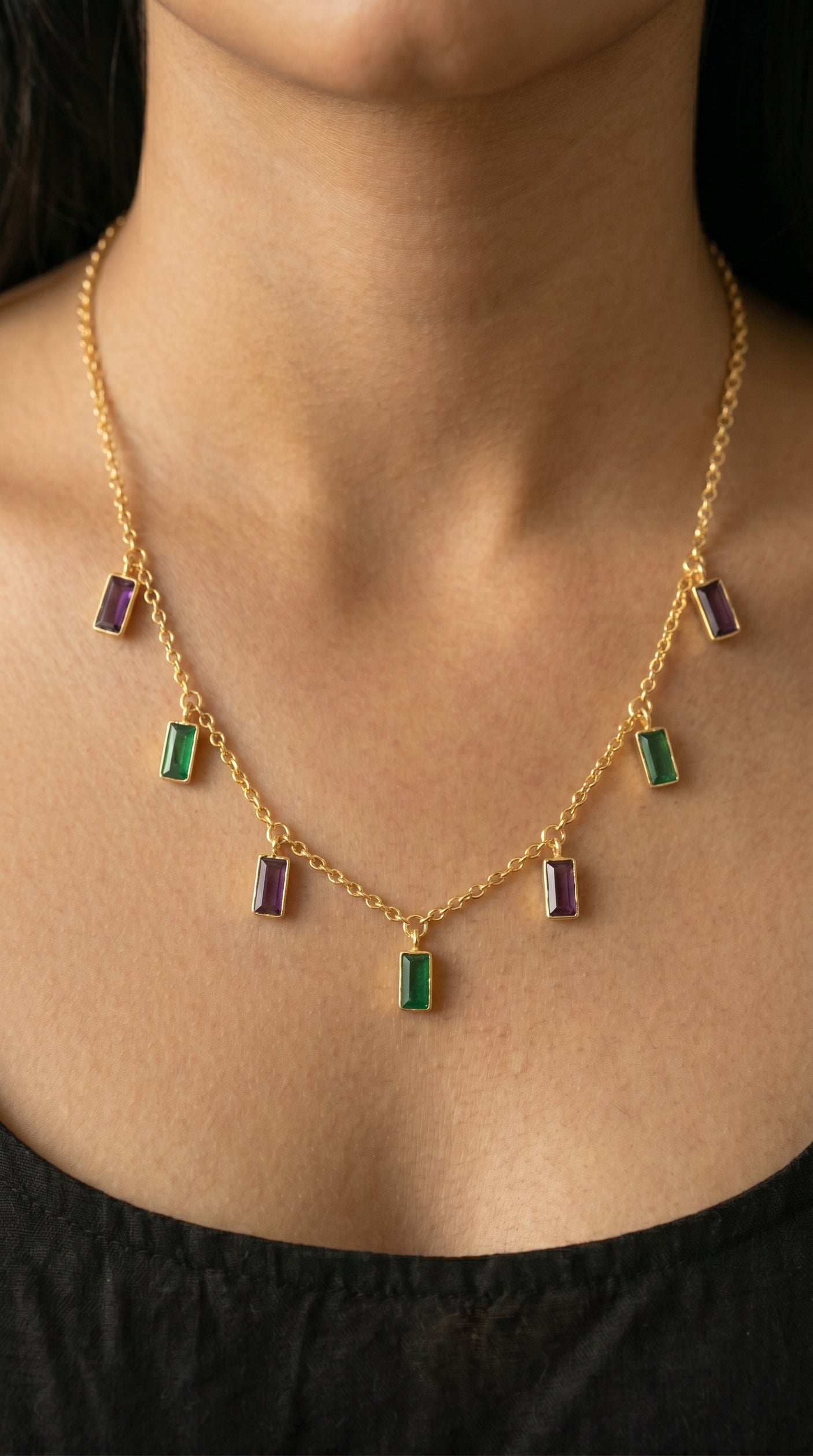 Gold-Toned Emerald and Lavender Crystal Dangle Necklace