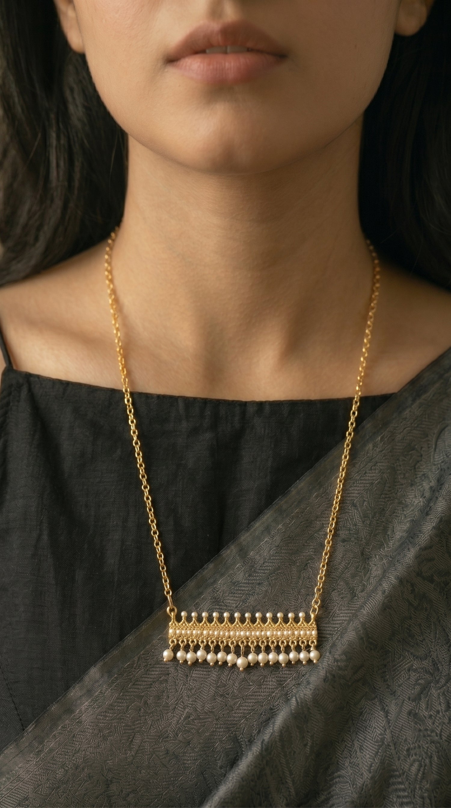 Gold Filigree Bar Pendant with Pearl Drops on Dainty Gold Chain Necklace