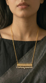 Gold Filigree Bar Pendant with Pearl Drops on Dainty Gold Chain Necklace