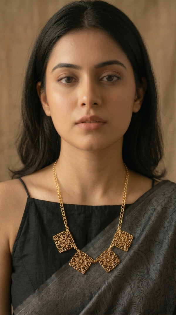 Gold Filigree Diamond Square Multi-Charm Statement Necklace on Gold Chain