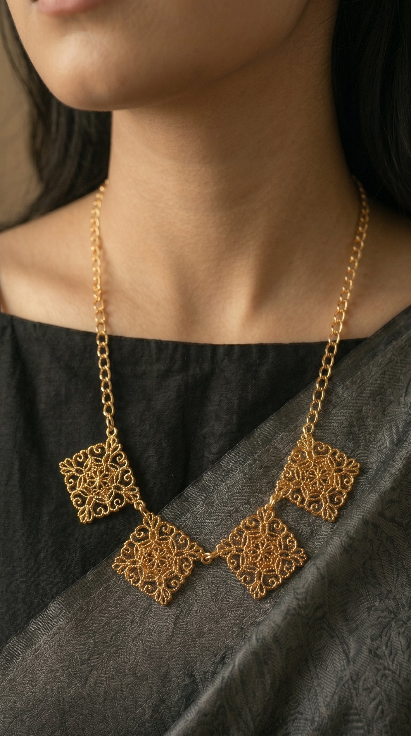 Gold Filigree Diamond Square Multi-Charm Statement Necklace on Gold Chain