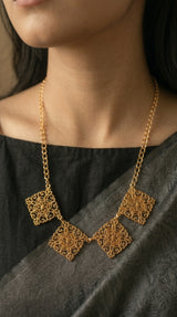 Gold Filigree Diamond Square Multi-Charm Statement Necklace on Gold Chain