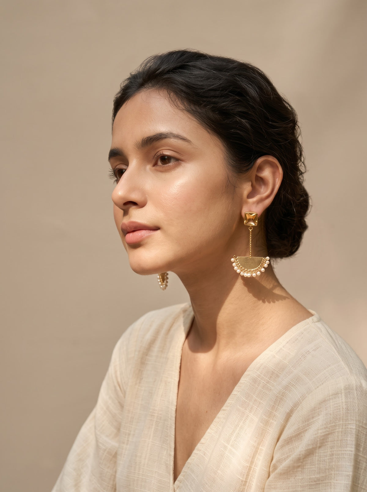 Gold Half-Moon Danglers with Faceted Yellow Stone Top and Pearl Cluster Edge