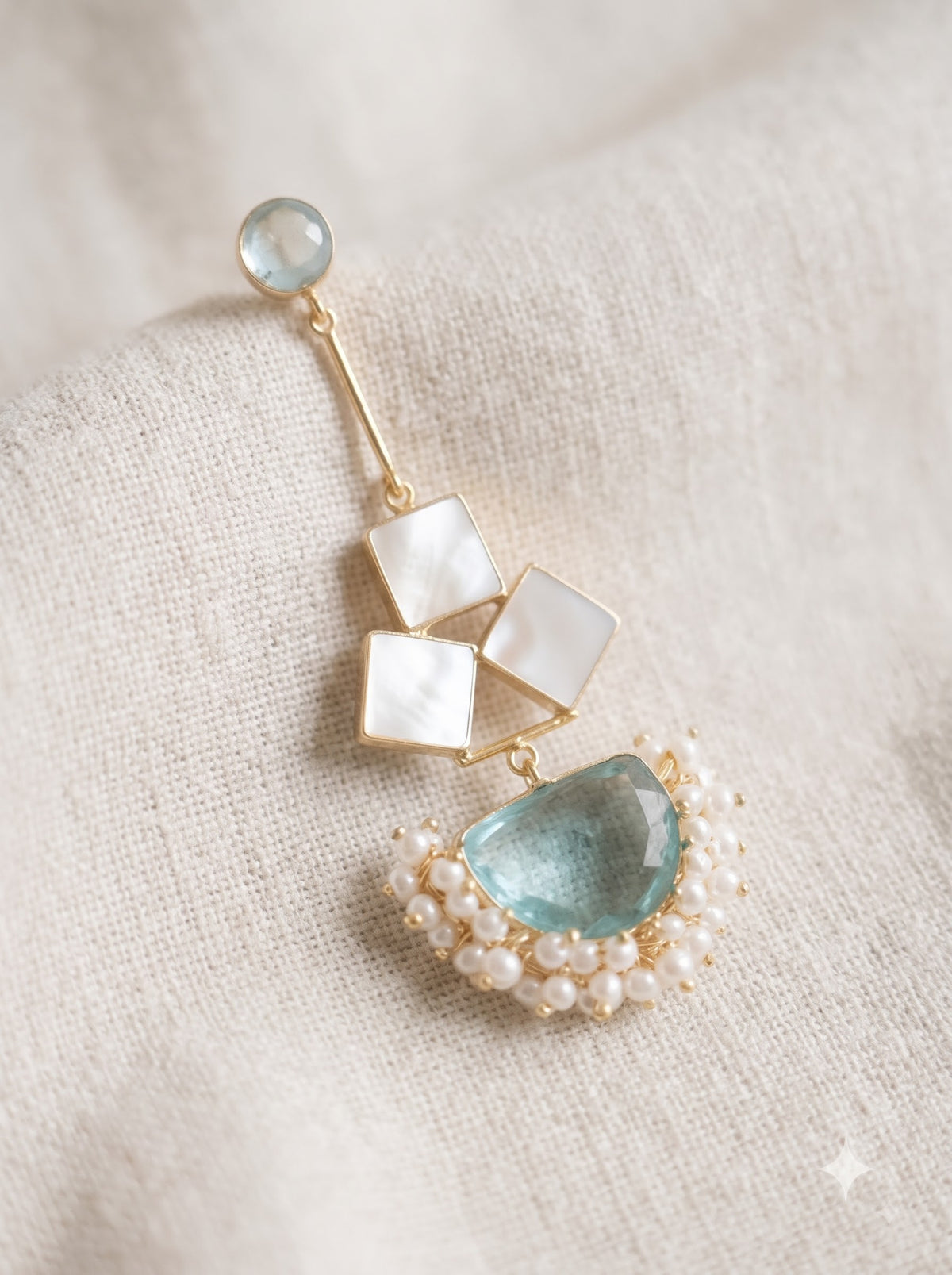 Aqua Moon & Pearl Drop Earrings with Natural Gemstones