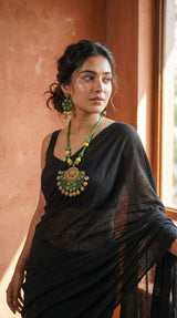 Green Batik Fabric Half Moon Gold Coin Necklace Set