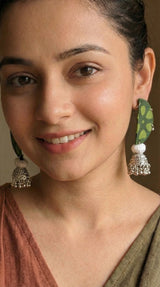 Green Batik Half Moon with Silver Accents Fabric Jhumka Earrings