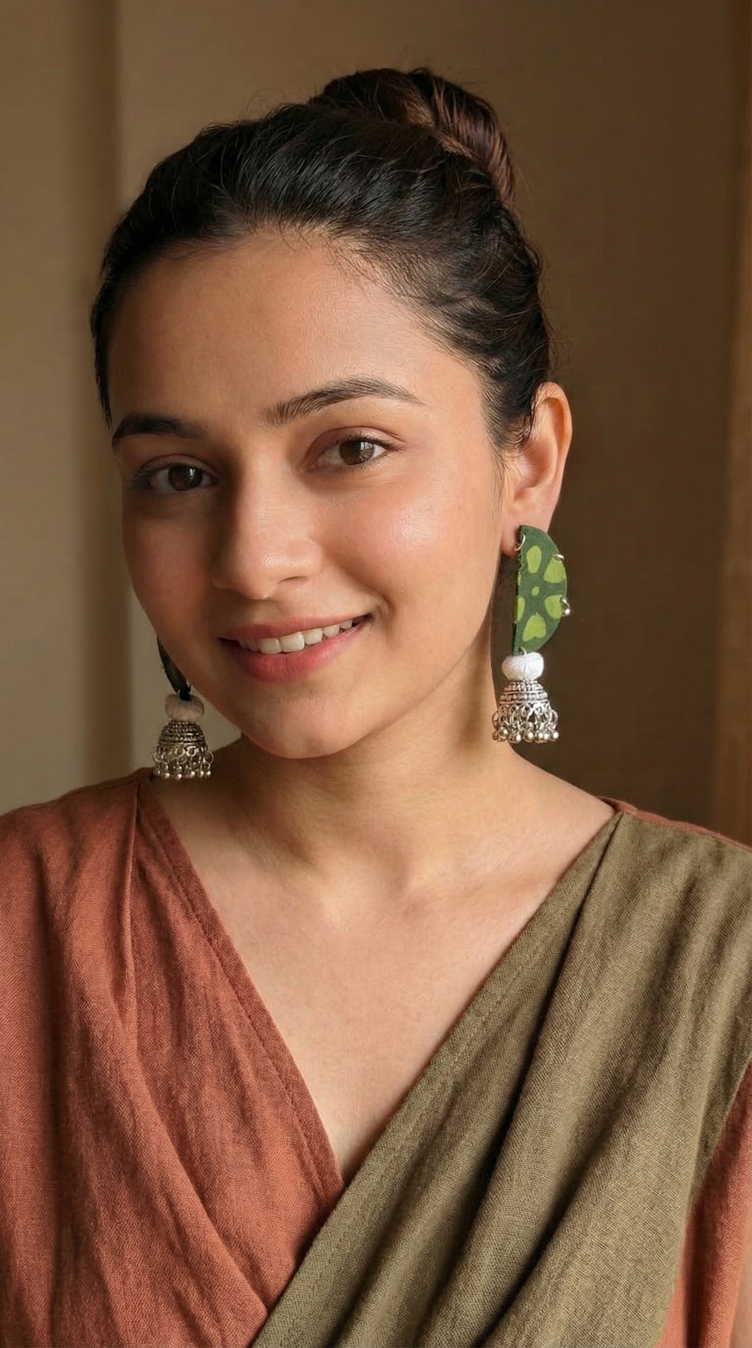 Green Batik Half Moon with Silver Accents Fabric Jhumka Earrings