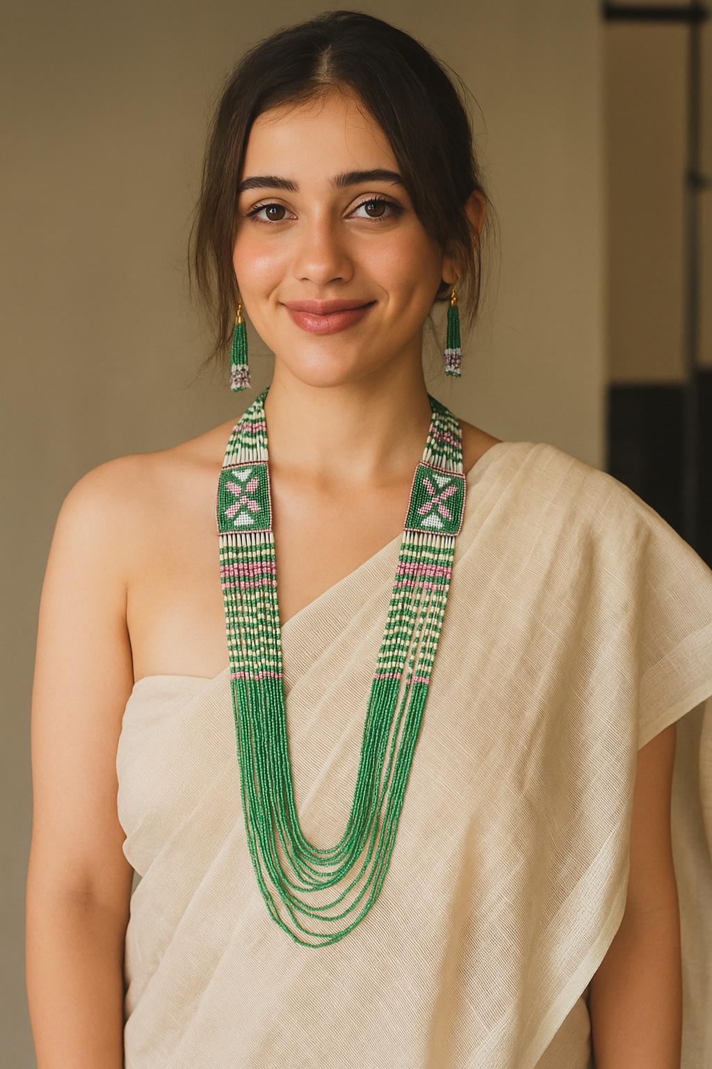 Green Hand Beaded Long Necklace Set