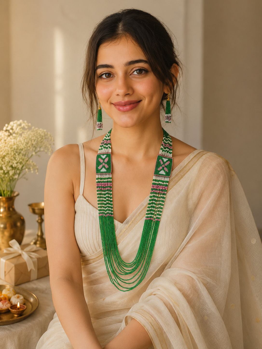 Green Hand Beaded Long Necklace Set