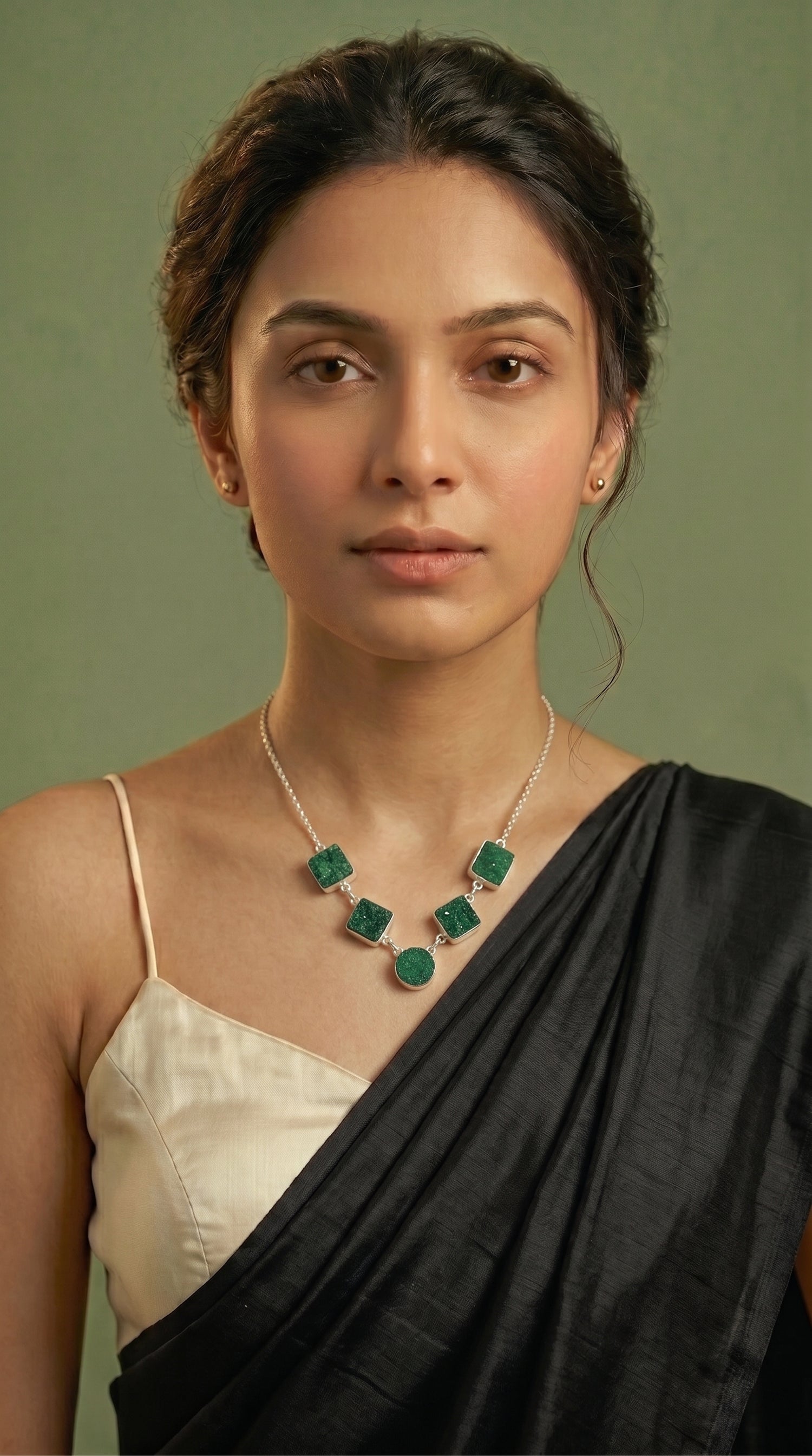 Green Sugar Druzy Natural Gemstones Embedded Silver Chain Necklace