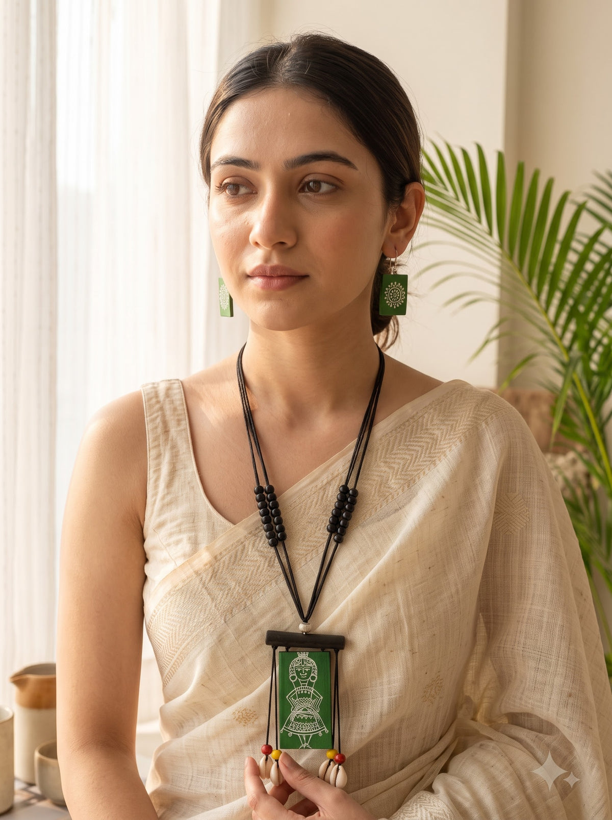 Green Warli Hand Painted Tribal Woman Terracotta Clay Necklace Set