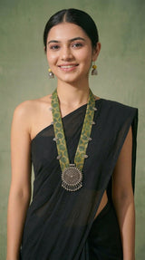 Green & Yellow Honeycomb Batik Fabric Long Necklace Set with Metal Accents