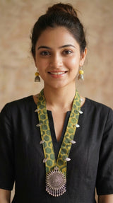 Green & Yellow Honeycomb Batik Fabric Long Necklace Set with Metal Accents