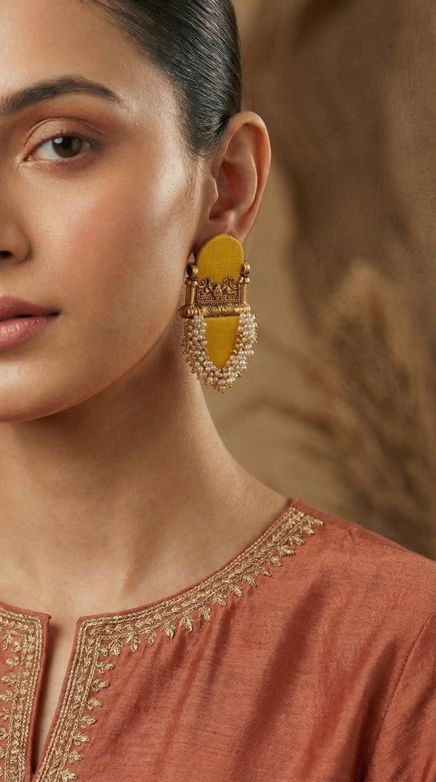 Haldi Gold Temple Pearl Earrings