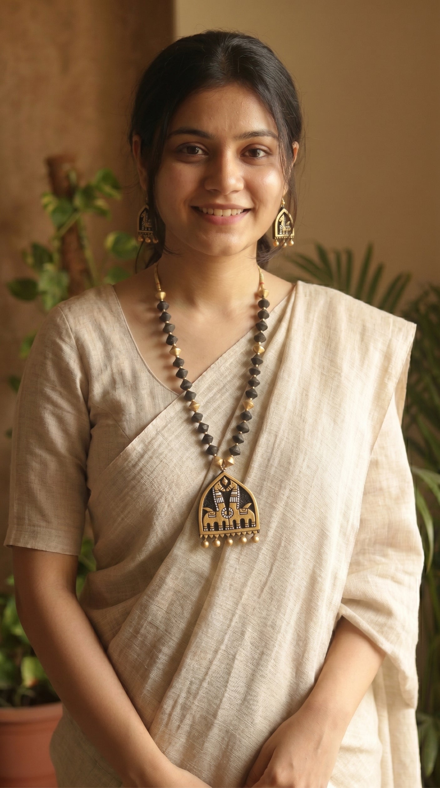 Hand-Painted Terracotta Tribal Horse Temple Pendant Necklace Set