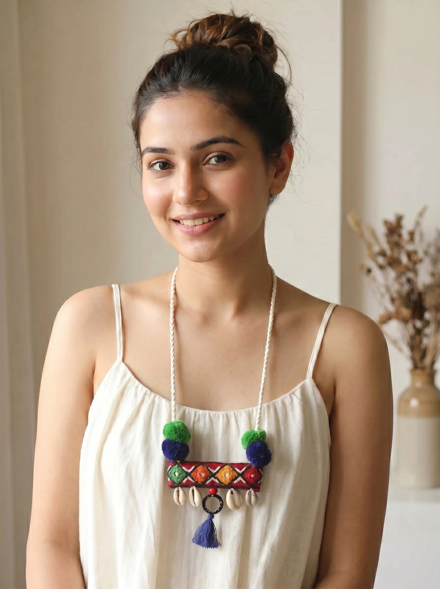 Hand Embroidered Kantha Work Fabric, Shell and Mirror Necklace