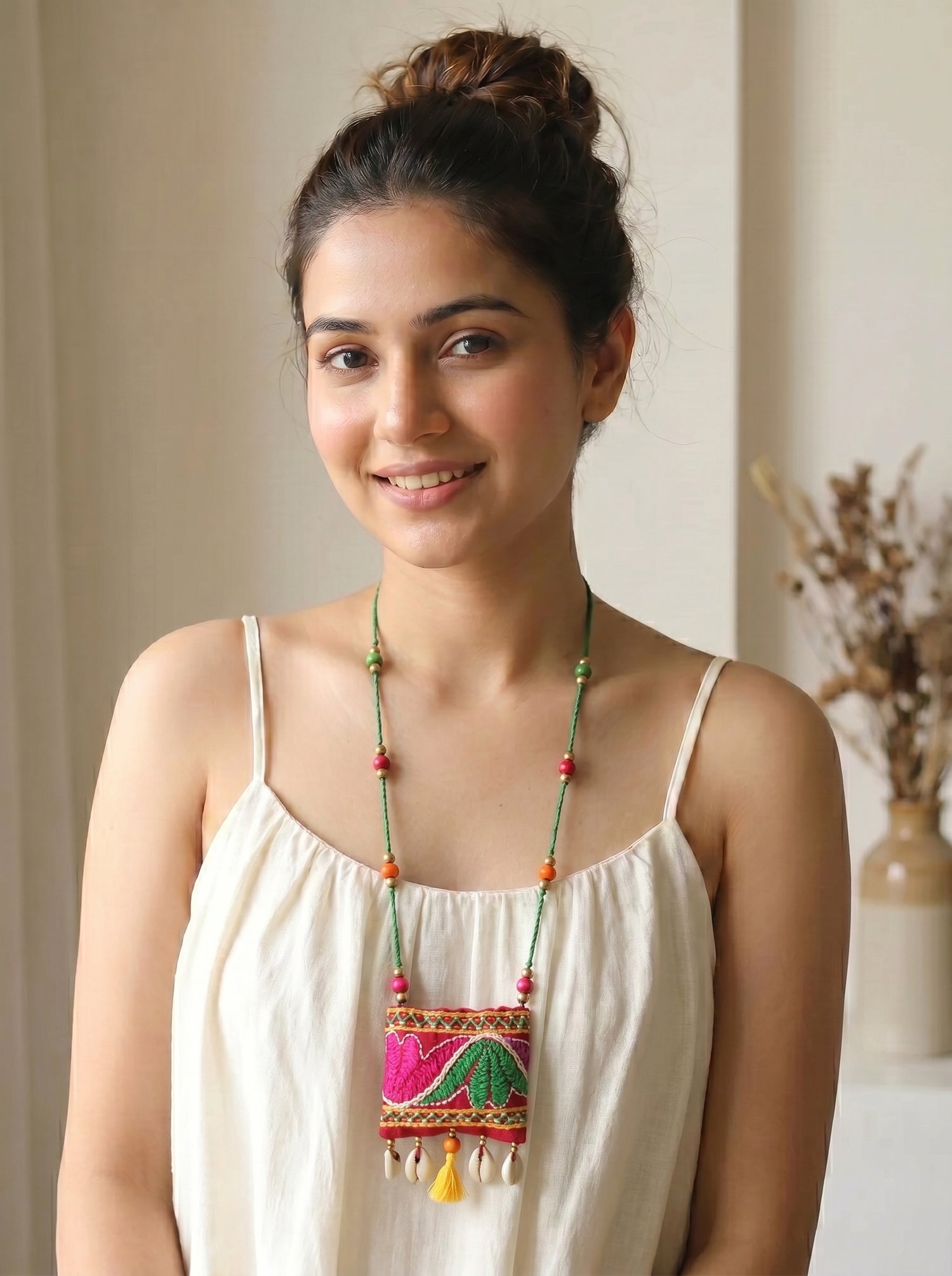 Hand Embroidered Multi-Color Rope Closure Handcrafted Fabric Necklace