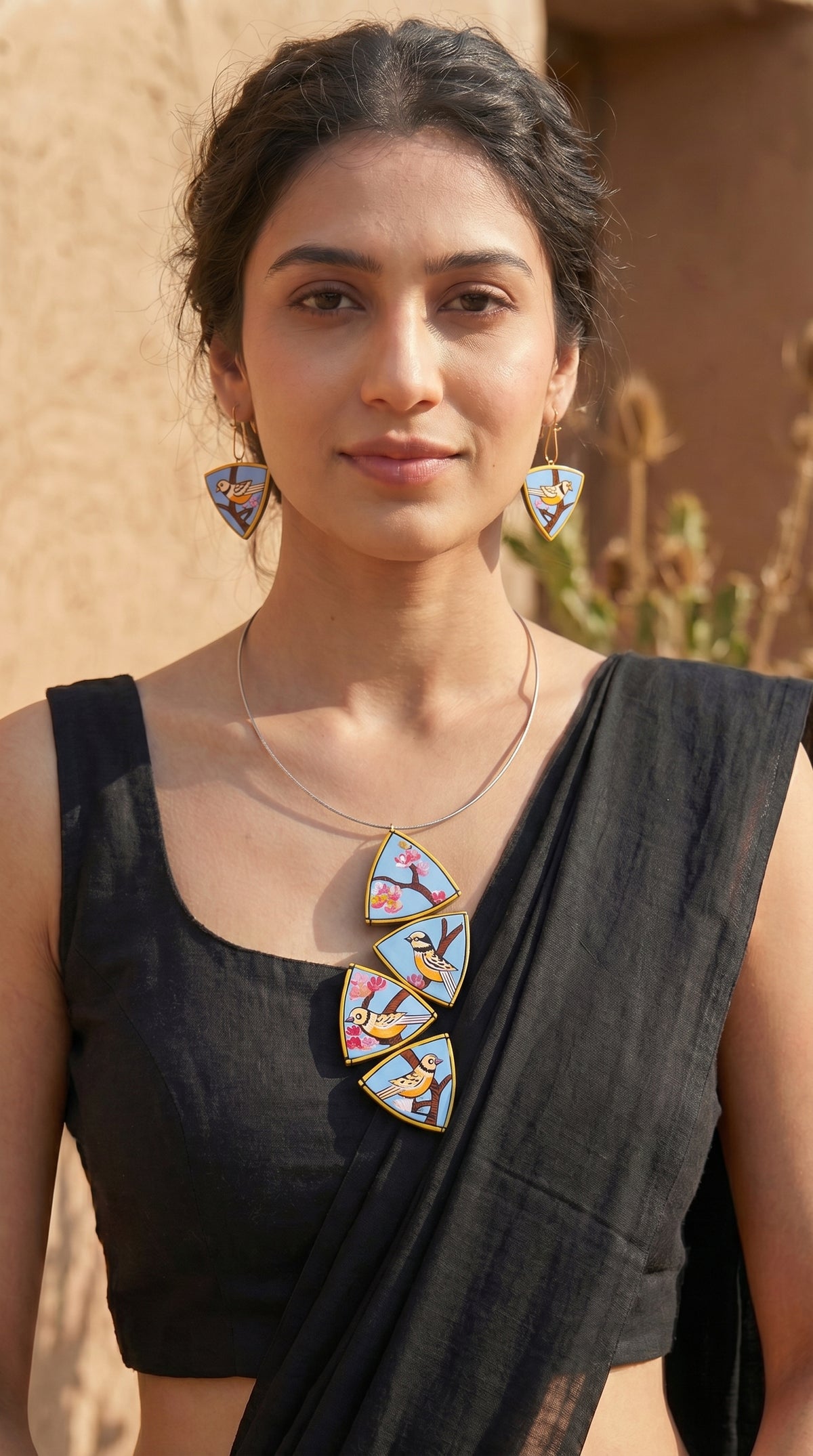 Hand Painted Bird Motifs Wire Closure Terracotta Clay Handmade Necklace Set