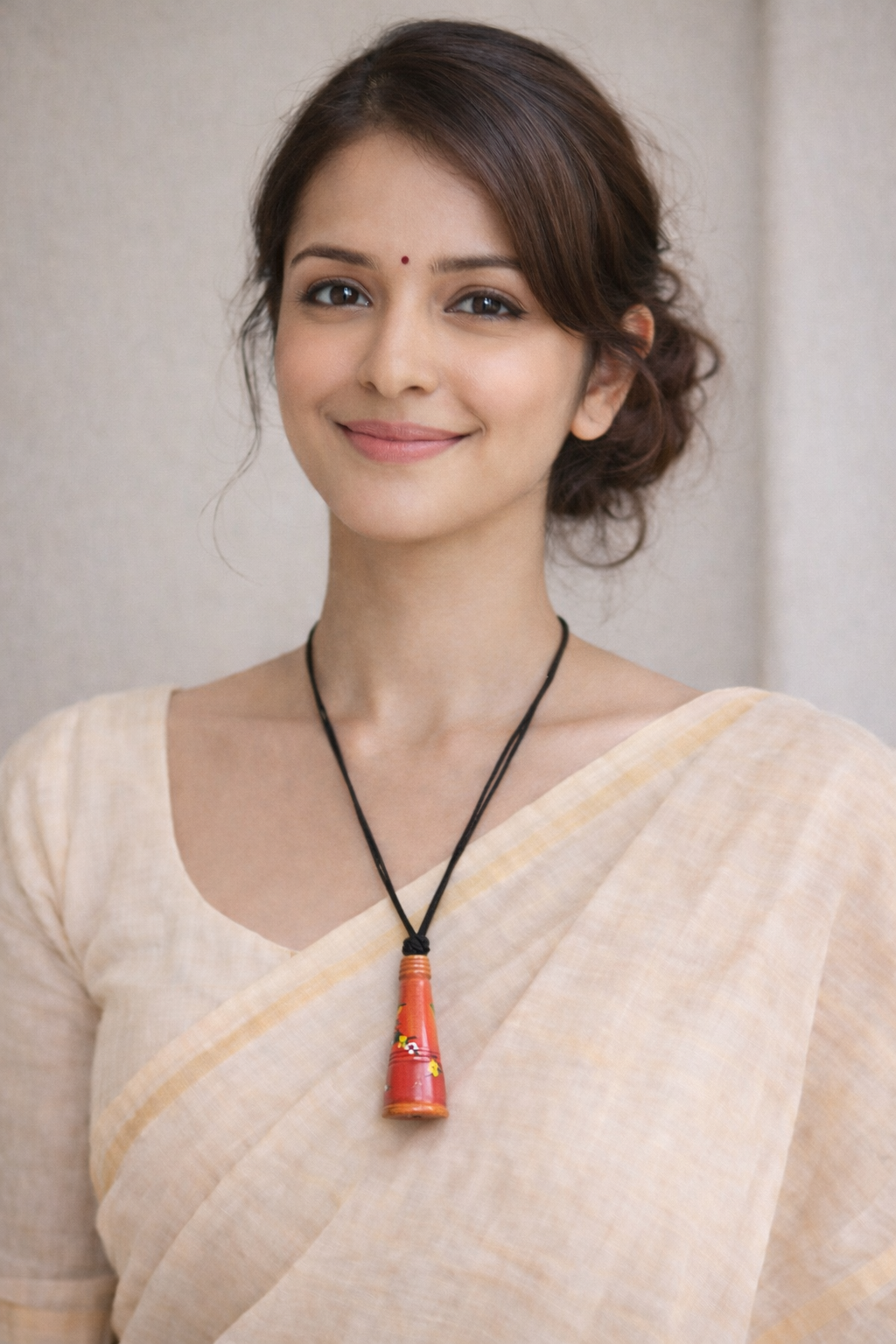 Hand Painted Conical Earthy Orange Terracotta Clay Necklace with Thread Closure