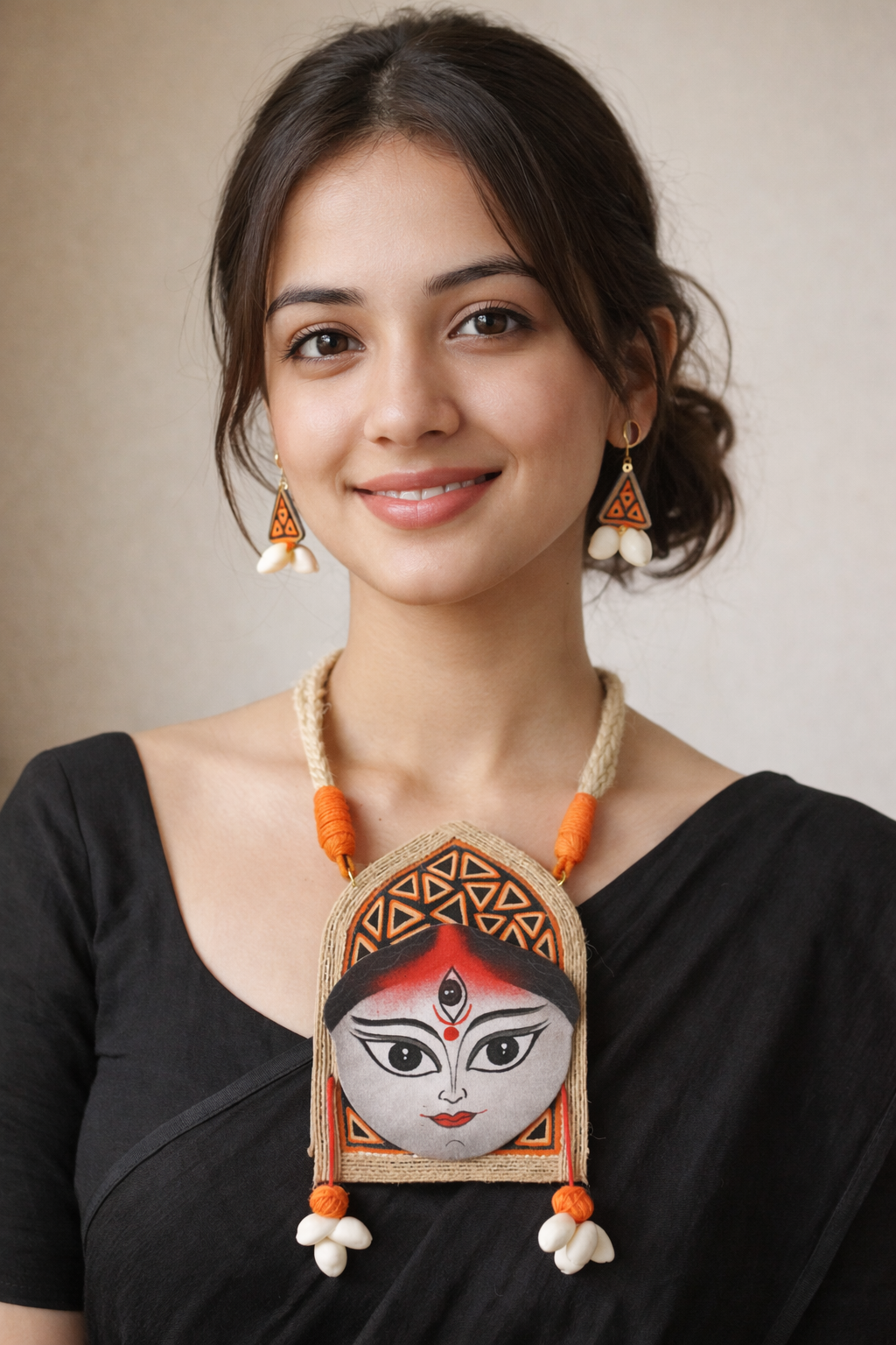 Hand Painted Fabric and Jute Necklace Set with 3 Bangles