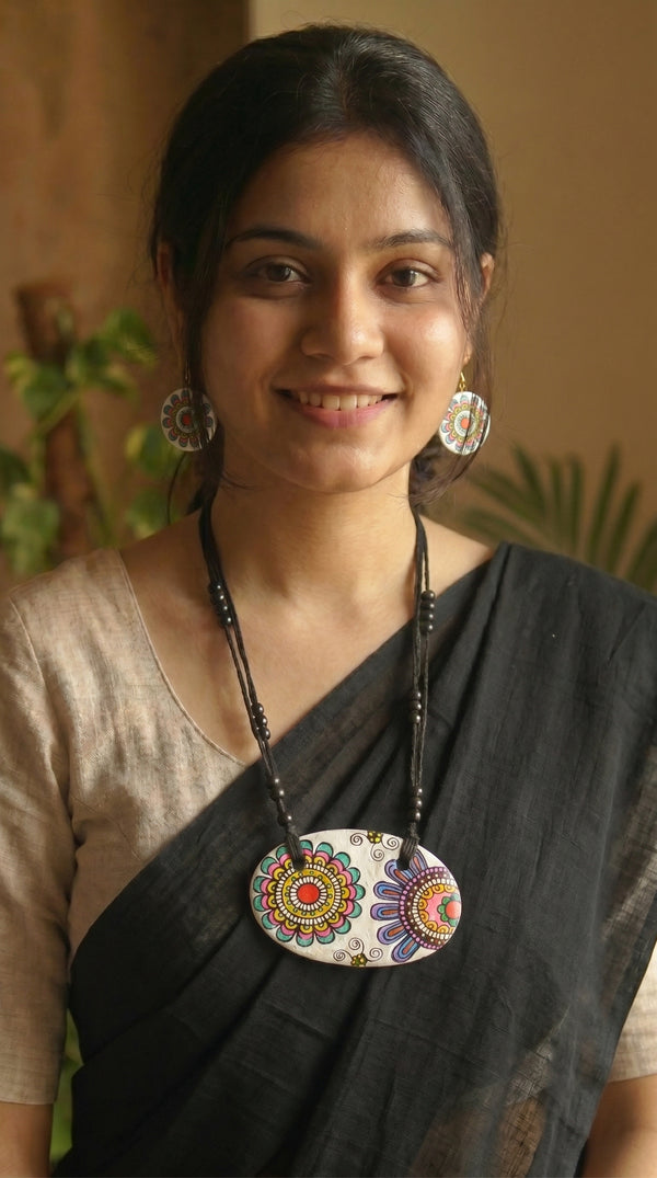 Hand Painted Flowers Terracotta Clay Long Necklace Set