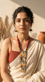 Hand Painted Woman Face Red and Yellow Fabric Necklace Set with Jhumka Earrings