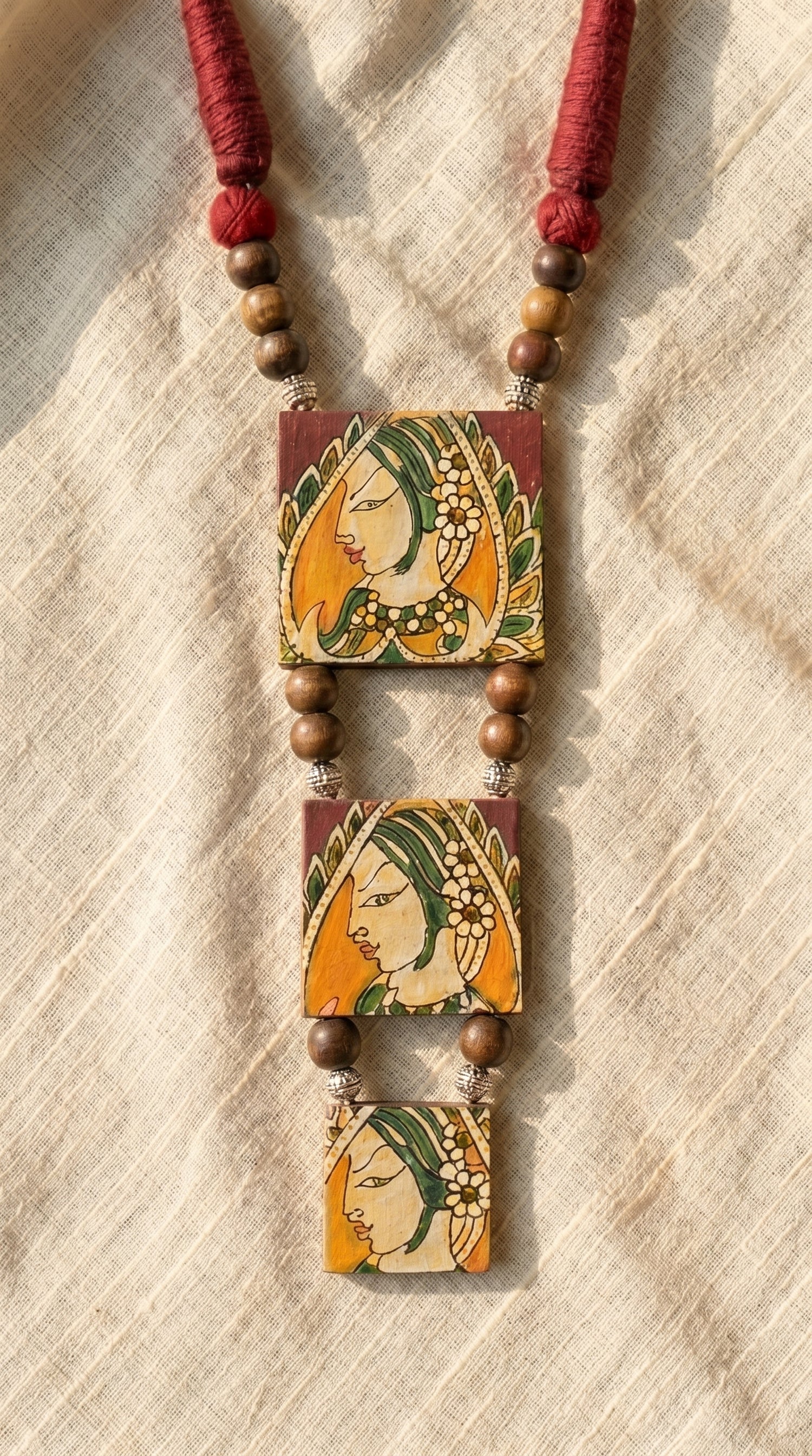 Hand Painted Woman Face Red and Yellow Fabric Necklace Set with Jhumka Earrings