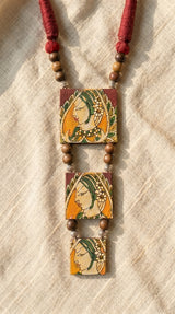Hand Painted Woman Face Red and Yellow Fabric Necklace Set with Jhumka Earrings