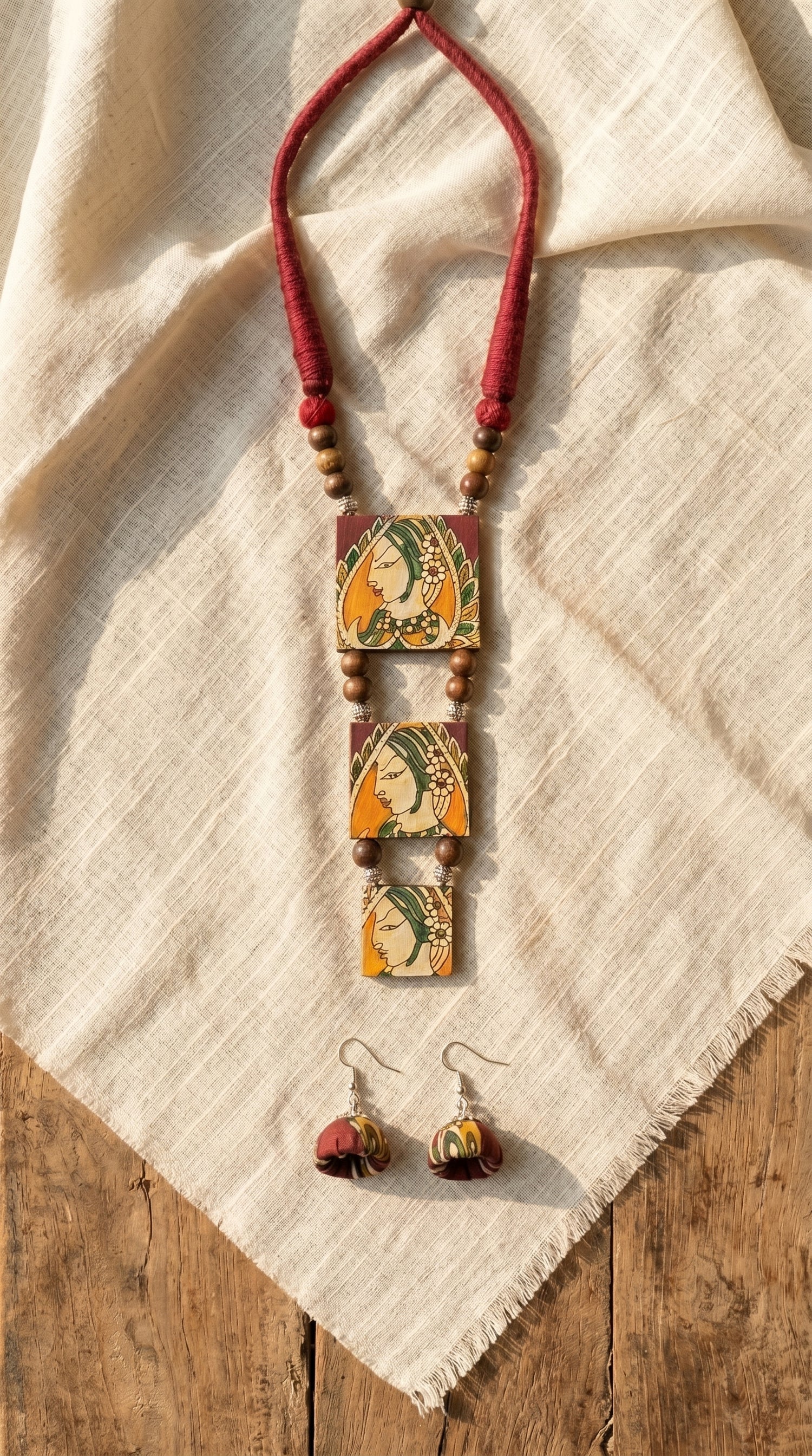 Hand Painted Woman Face Red and Yellow Fabric Necklace Set with Jhumka Earrings