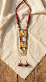 Hand Painted Woman Face Red and Yellow Fabric Necklace Set with Jhumka Earrings