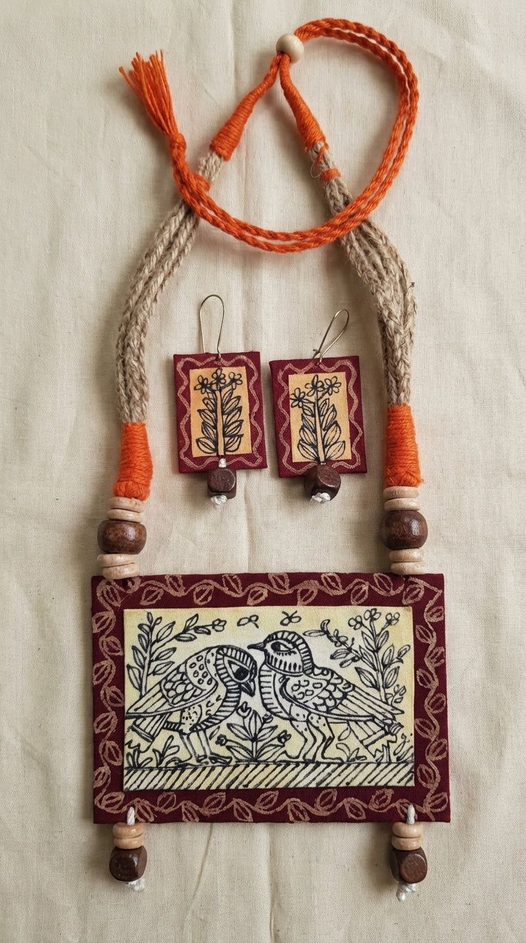 Hand Painted Birds Necklace Set with Jute and Thread Closure
