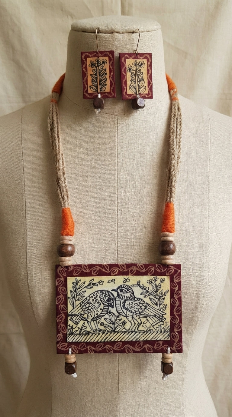Hand Painted Birds Necklace Set with Jute and Thread Closure