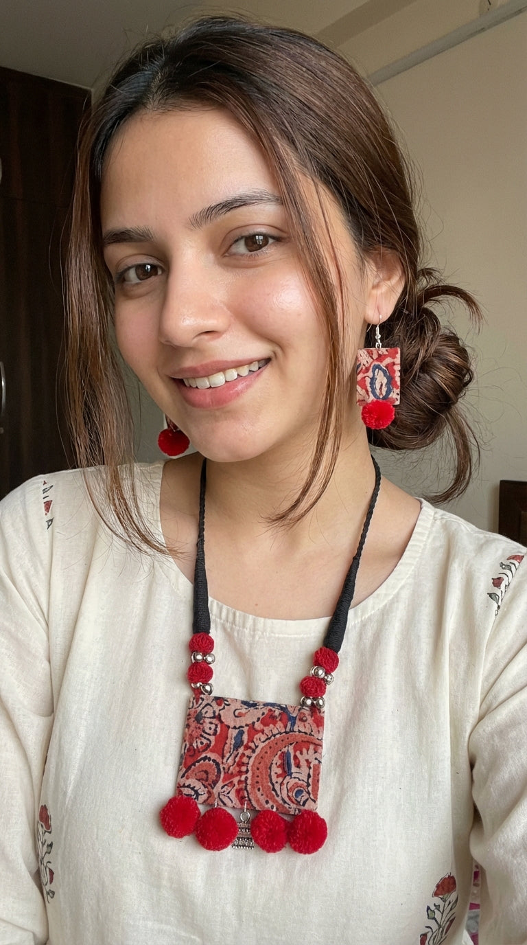 Handcrafted Kalamkari Fabric Necklace Set with Pom Pom