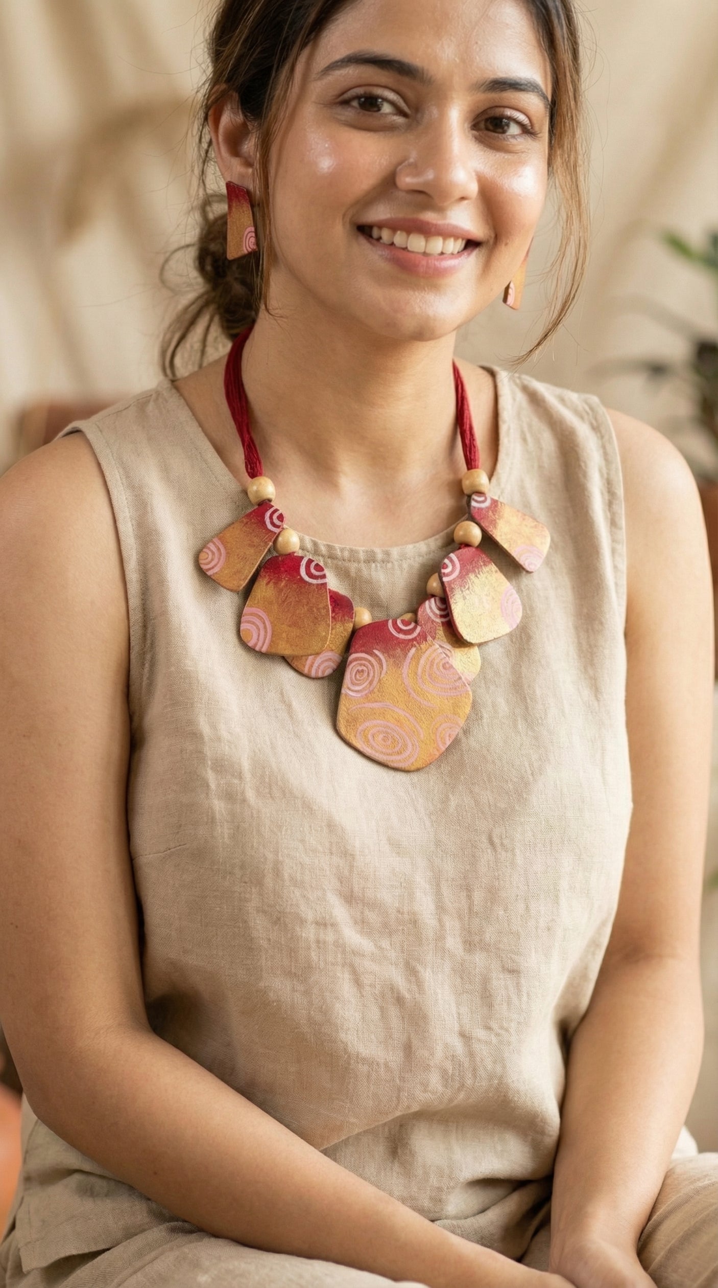 Handmade Fabric and Wooden Beads Necklace Set