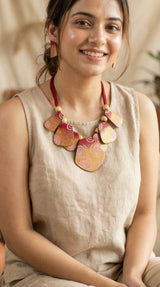 Handmade Fabric and Wooden Beads Necklace Set