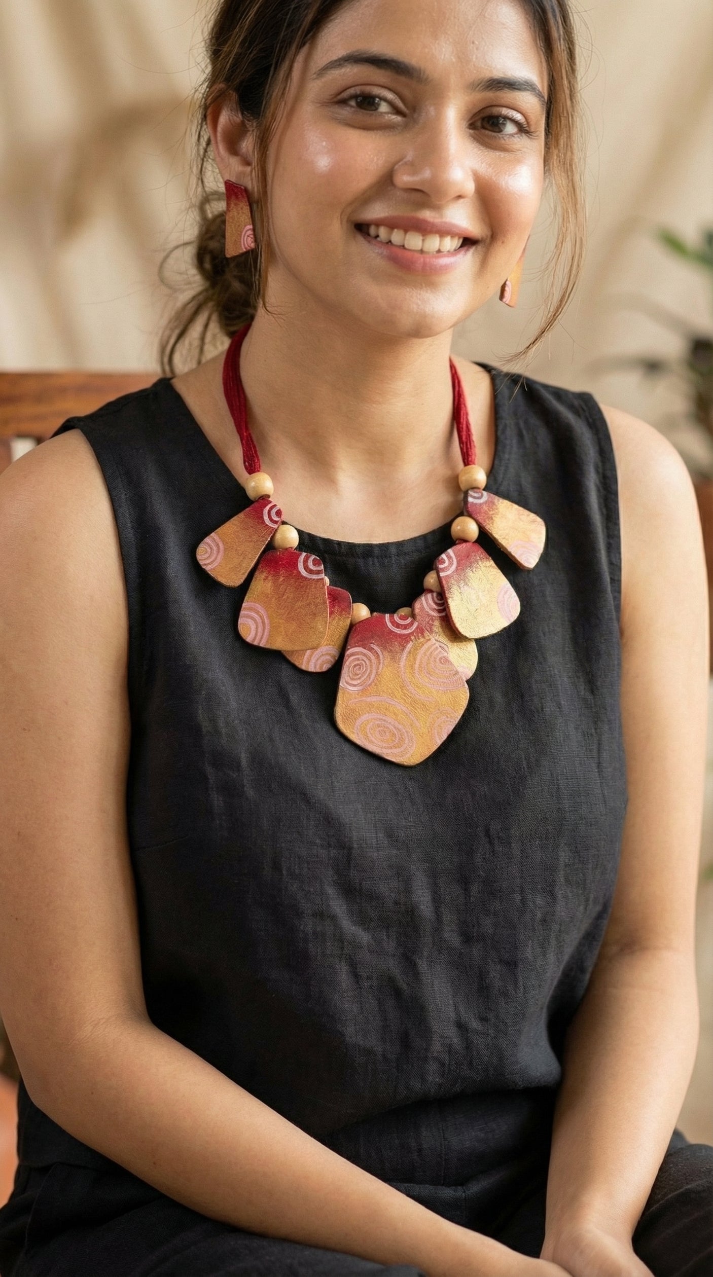 Handmade Fabric and Wooden Beads Necklace Set