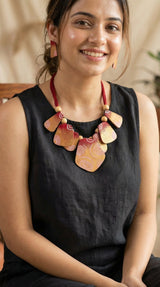 Handmade Fabric and Wooden Beads Necklace Set