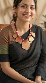 Handmade Fabric and Wooden Beads Necklace Set