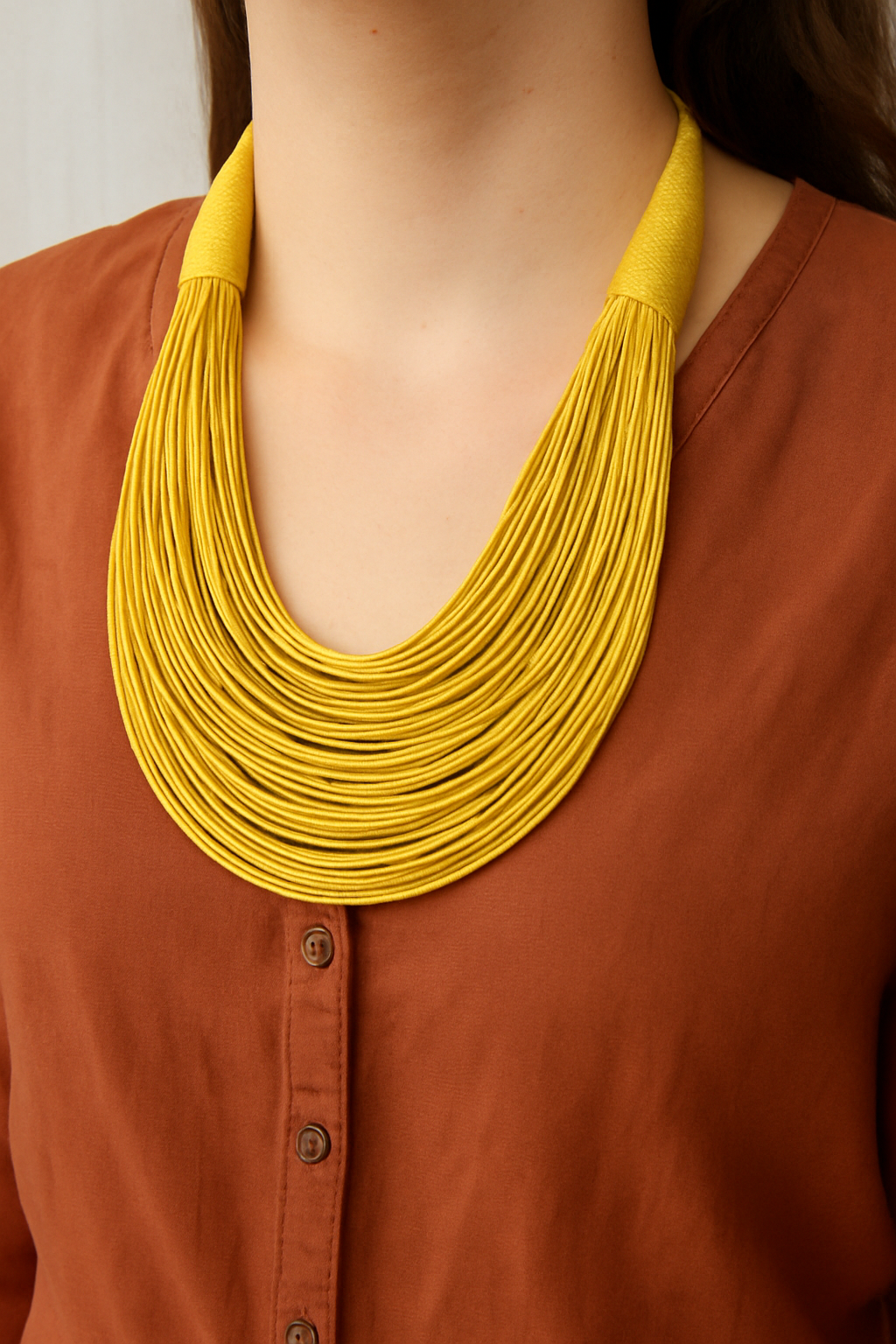 Yellow Handmade Silk Threads Multi-Layer Statement African Choker Necklace