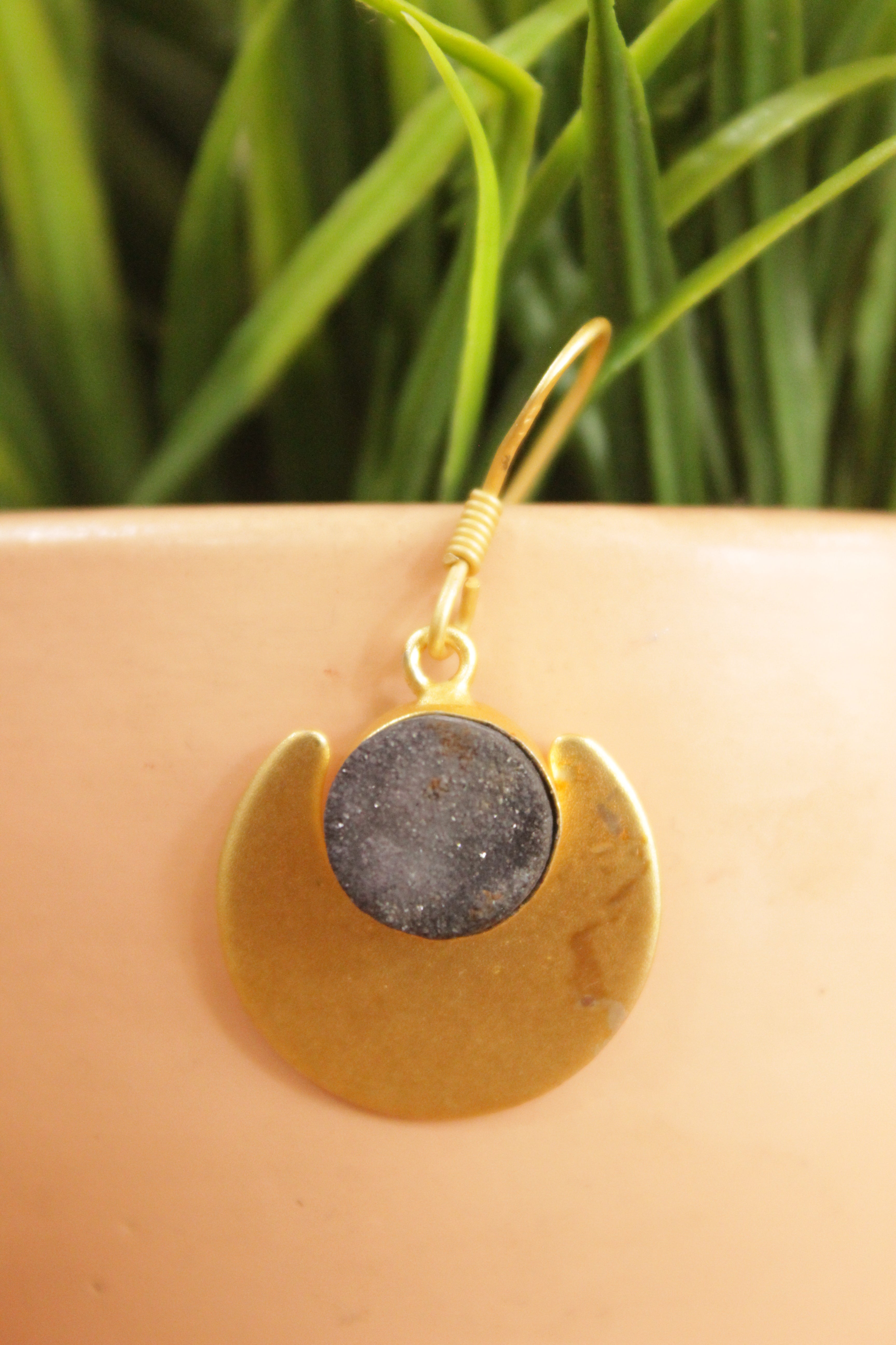 Black Sugar Druzy Natural Gemstone Gold Plated Moon Style Earrings