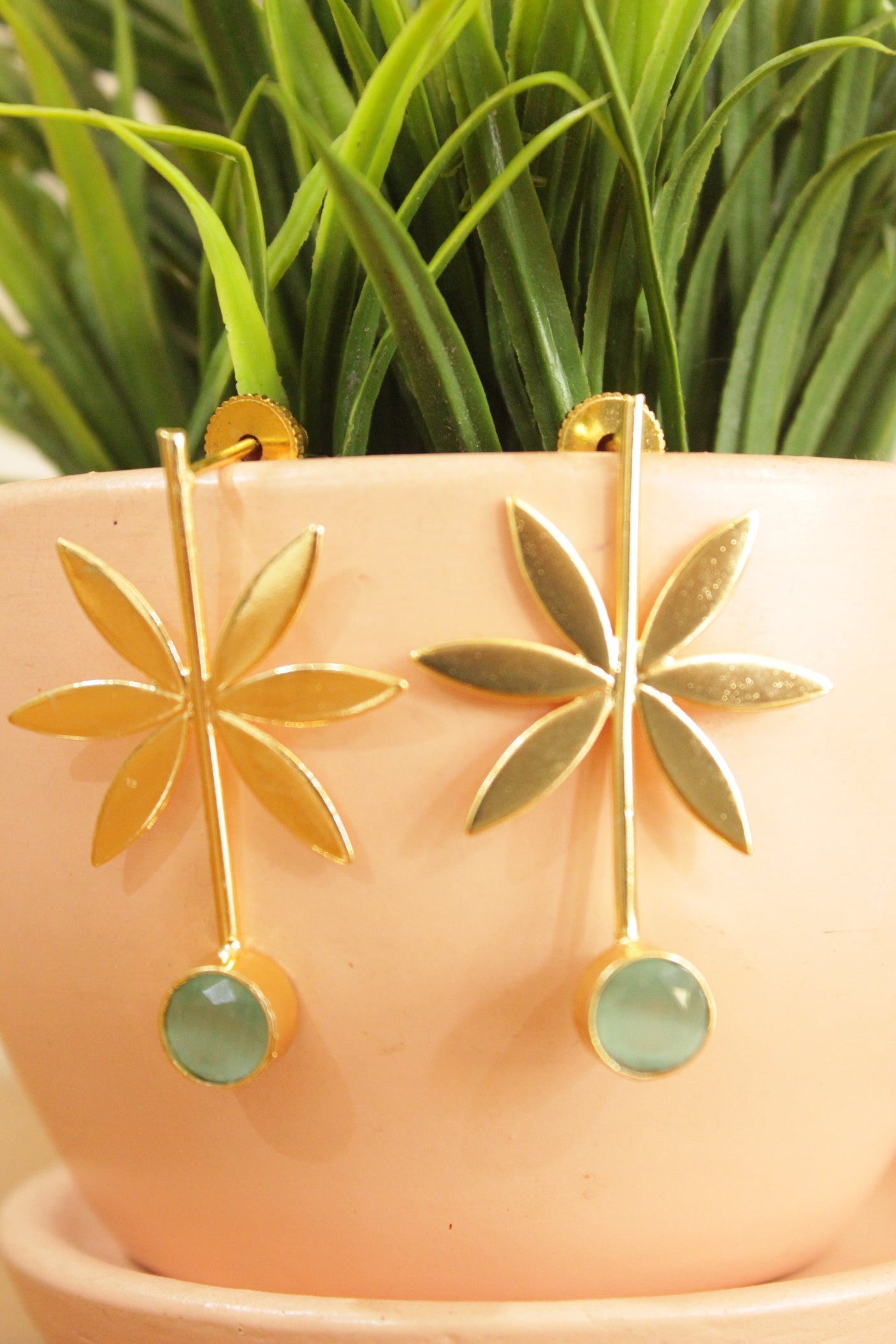 Green Cat Eye Lily Flower Gold Plated Earrings