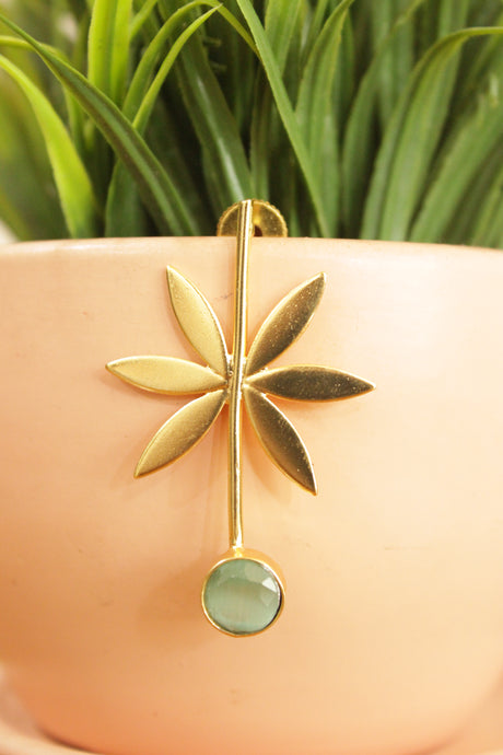 Green Cat Eye Lily Flower Gold Plated Earrings