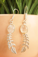 Load image into Gallery viewer, Natural Rainbow Moonstone Silver Plated Leaf Leaf Design Dangler Earrings
