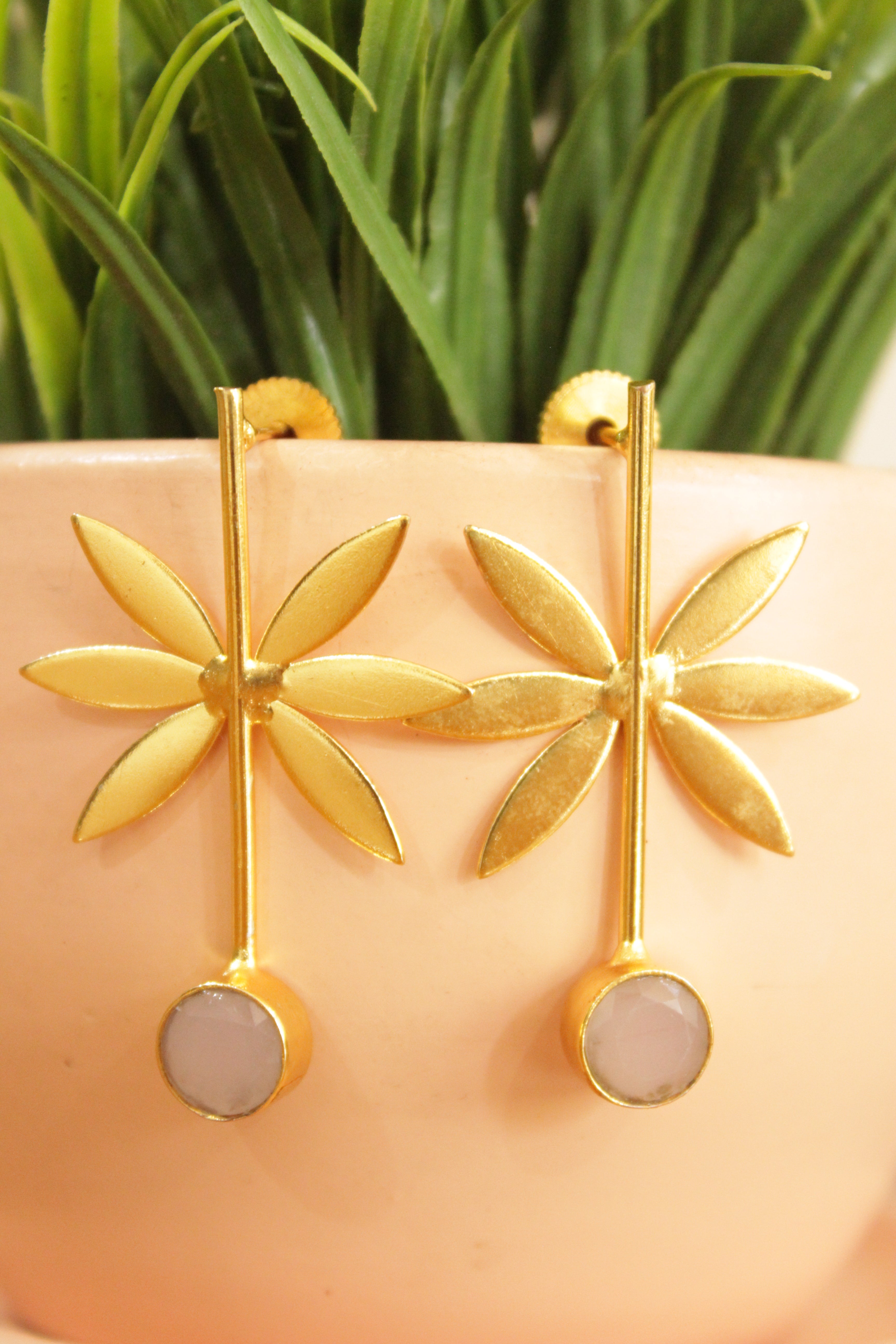 Grey Natural Gemstone Flower Design Gold Plated Dangler Earrings