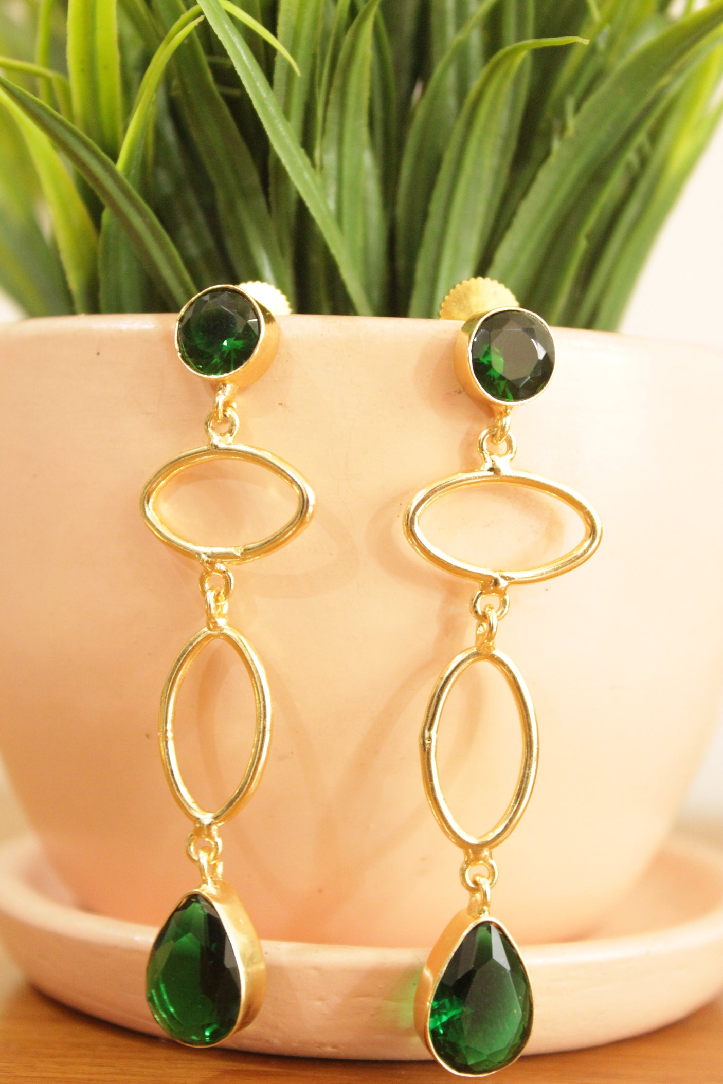 Green  Natural Gemstone Embedded Gold Plated Long Dangler Earrings
