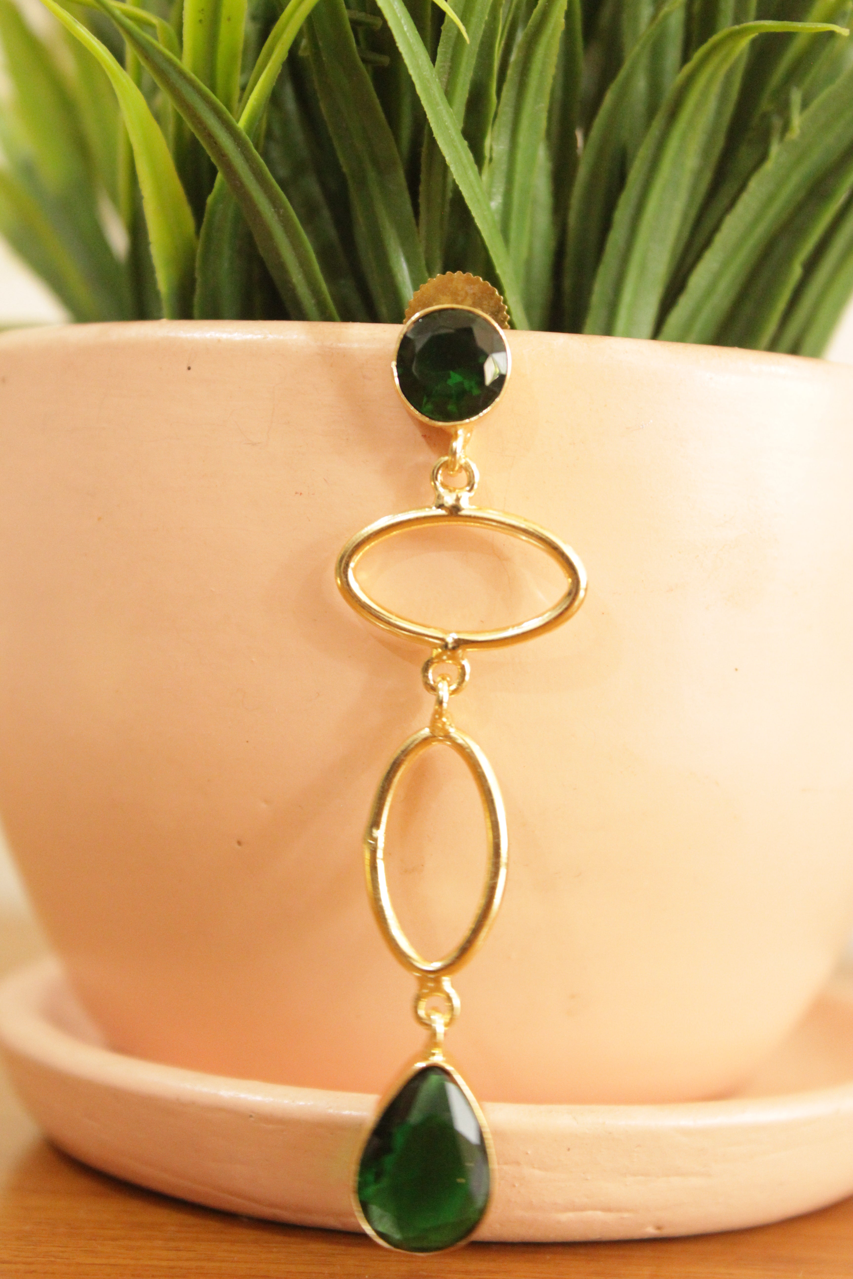 Green  Natural Gemstone Embedded Gold Plated Long Dangler Earrings