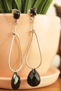 Black Spinel Gemstone Silver Long Dangler Earrings